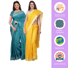 Cyan & Yellow women's Bhagalpuri Handloom Cotton-Linen Blend Saree Combo (Pack Of 2) With Running Unstiched Blouse Piece - View 2