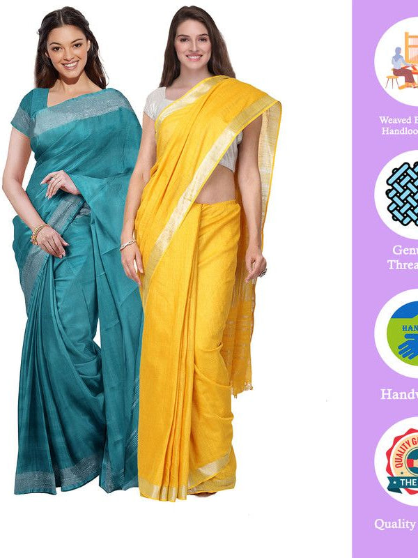 Cyan & Yellow women's Bhagalpuri Handloom Cotton-Linen Blend Saree Combo (Pack Of 2) With Running Unstiched Blouse Piece - View 2