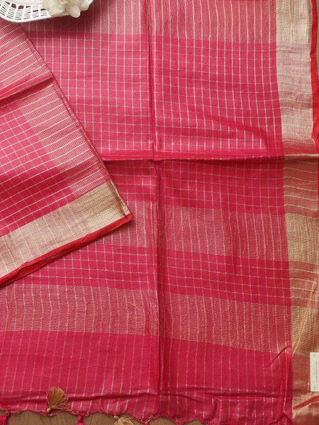Bhagalpuri Linen Cotton Blend Check Saree with Contrast Blouse Piece - View 4