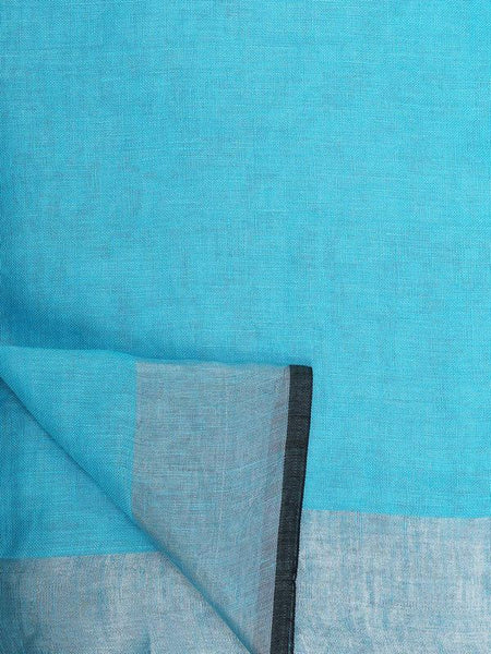 Cyan women's Bhagalpuri Blend Linen Saree With Black Pipine Contrast Blouse Piece - View 2