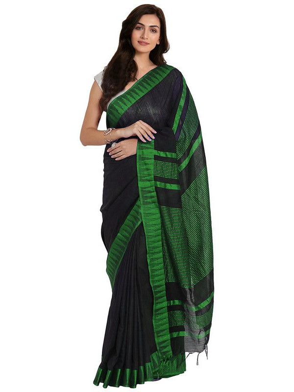 Black-Green women's Bhagalpuri Handloom Katan Viscous Silk Temple Border Saree Ethnic Wear With Running Unstitched Striped Blouse Piece
