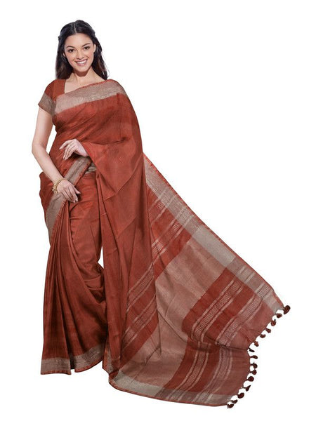Sienna Orange women's Bhagalpuri Handloom Linen Blend Saree And Variation Of Colors With Running Unstiched Blouse Piece