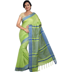 Green women's Bhagalpuri Handloom Kota Silk Temple Border Saree And Variation Of Colors With Striped Blouse Piece