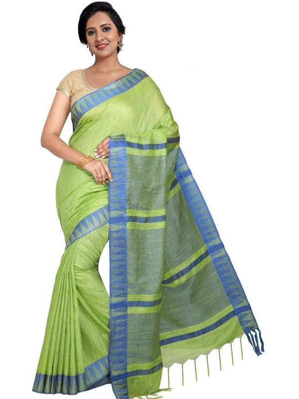 Green women's Bhagalpuri Handloom Kota Silk Temple Border Saree And Variation Of Colors With Striped Blouse Piece