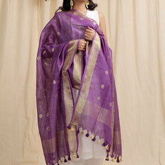Gold Zari Handloom Linen Weaving Motif Dupatta for women's (Purple) - View 2