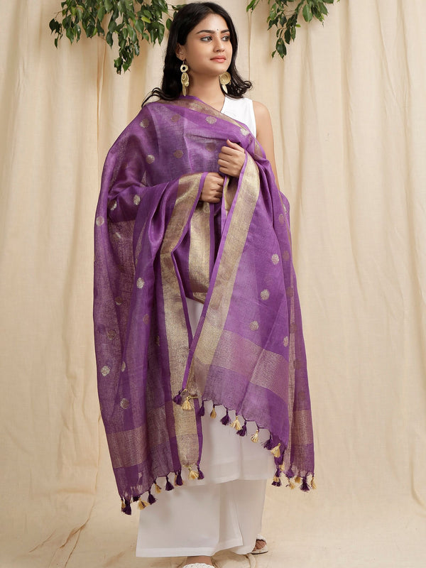 Gold Zari Handloom Linen Weaving Motif Dupatta for women's (Purple) - View 2