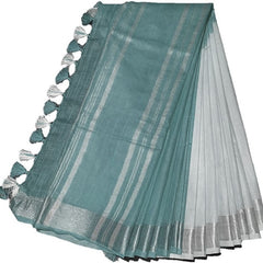 Skobeloff Cyan women's Bhagalpuri Linen-Slub Blend Two Dye Saree With Blouse Piece