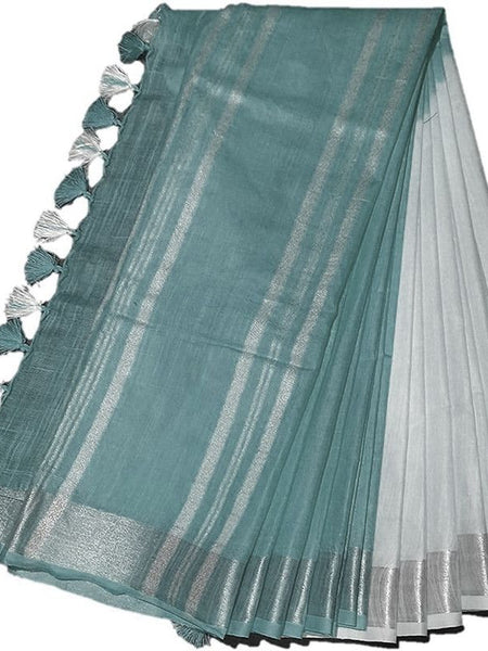 Skobeloff Cyan women's Bhagalpuri Linen-Slub Blend Two Dye Saree With Blouse Piece