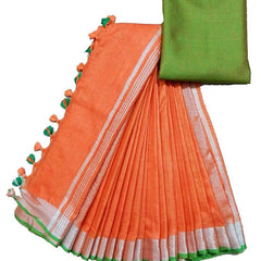 Orange-Green women's Handloom Bhagalpuri Linen Cotton Blend Saree Ethnic Wear With Contrast Unstitched Blouse Piece - View 5