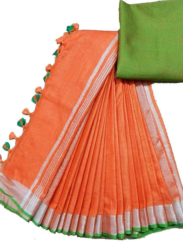 Orange-Green women's Handloom Bhagalpuri Linen Cotton Blend Saree Ethnic Wear With Contrast Unstitched Blouse Piece - View 5