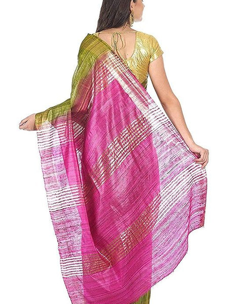 Tusasar Ghicha Bhagalpuri Silk Two Dye Saree (Sycam_Green & Hot_Pink) - View 4