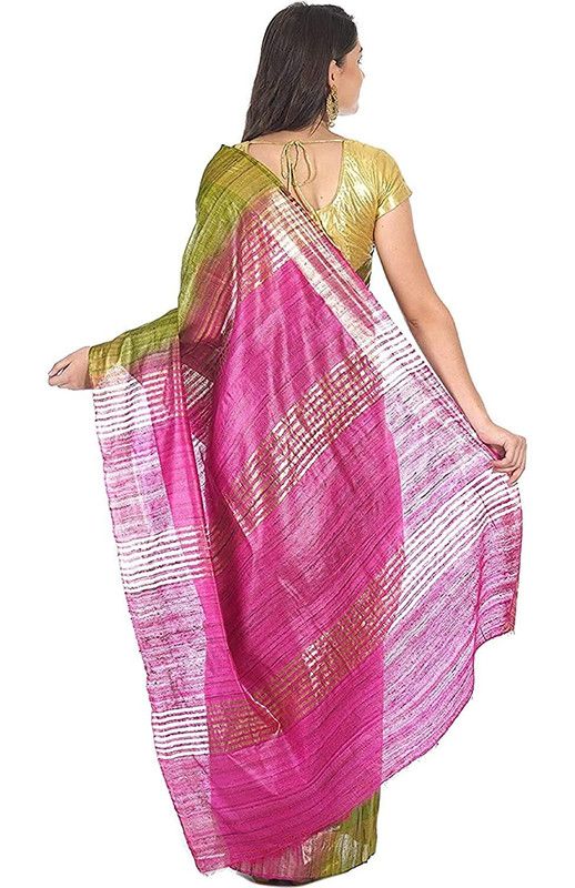 Tusasar Ghicha Bhagalpuri Silk Two Dye Saree (Sycam_Green & Hot_Pink) - View 4