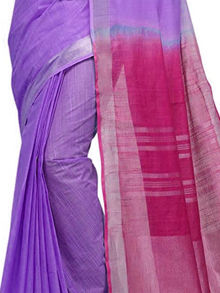 Lilac Purple & Raspberry Pink women's Bhagalpuri Handloom Ethnic Wear Linen Two Dye Saree With Running Unstitched Blouse Piece - View 5