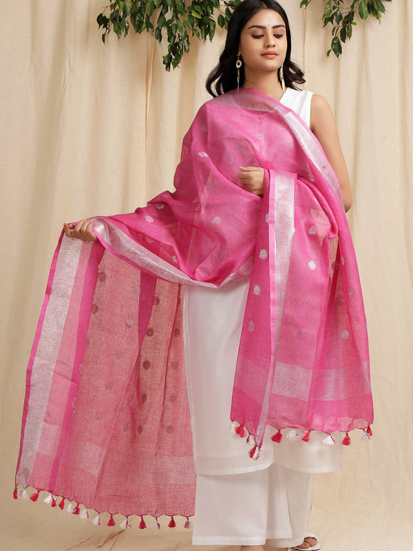 Handloom Pure Linen Bhagalpuri Dupatta with Weaving Circle Motif (Pink) - View 2