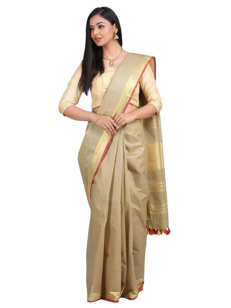 Linen Cotton Blend Contrast Handloom Bhagalpuri Saree for Women (Gold-Khaki_Brown-Red)