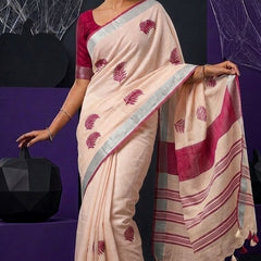 Handwoven Bhagalpuri Linen Blend Embroidered Saree With Contrast Blouse Piece(Cream_Pink)