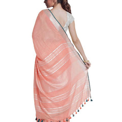 Coral Pink women's Bhagalpuri Handloom Cotton Linen Blend Saree With Contrast Unstiched Blouse Piece - View 4