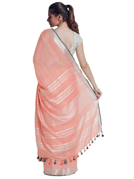 Coral Pink women's Bhagalpuri Handloom Cotton Linen Blend Saree With Contrast Unstiched Blouse Piece - View 4