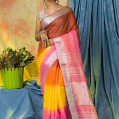 Multi Color Dye Handloom Linen Bhagalpuri Saree for women's