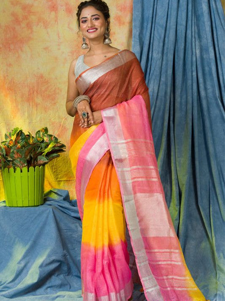 Multi Color Dye Handloom Linen Bhagalpuri Saree for women's