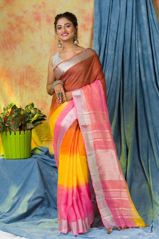 Multi Color Dye Handloom Linen Bhagalpuri Saree for women's