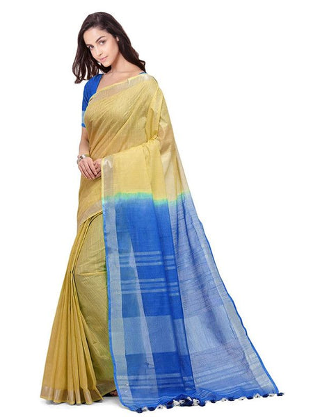 Jasmine Tan & Azure Cyan women's Bhagalpuri Handloom Ethnic Wear Linen Two Dye Saree With Running Unstitched Blouse Piece - View 3