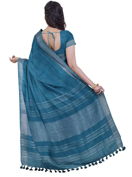 Cerulean Blue women's Bhagalpuri Handloom Linen Blend Saree And Variation Of Colors With Running Unstiched Blouse Piece - View 2