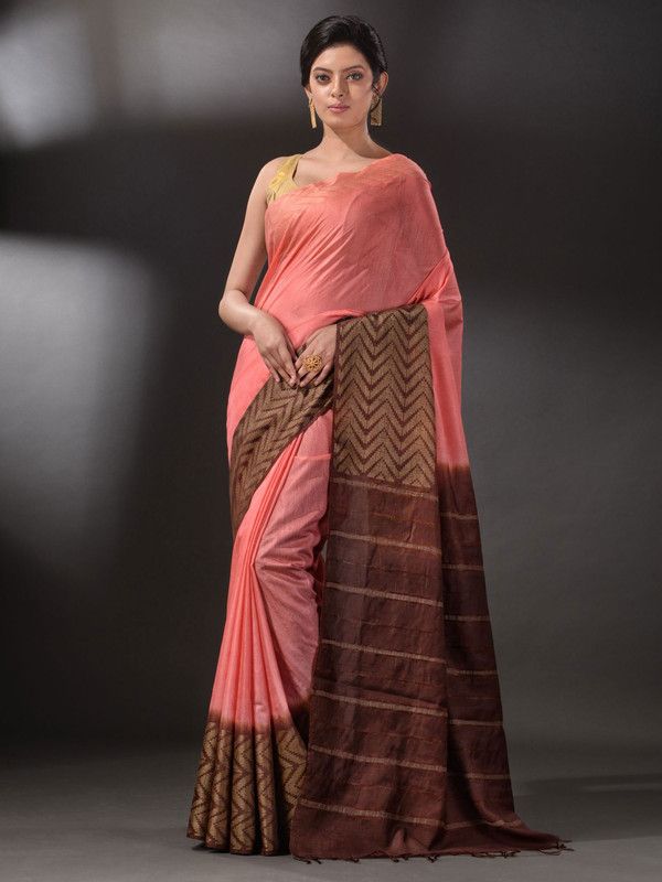Semi Tussar Silk Two Dye Saree with Blouse Piece (Suglu_Pink &  Eclip_Brown)