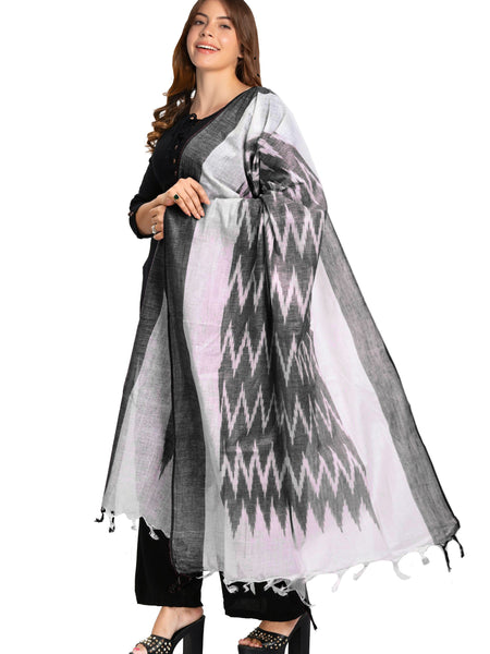 Linen Cotton Blend Handloom Ikkat Bhagalpuri Dupatta (Black) - View 3