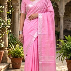 Bhagalpuri Handwoven Cotton-linen Blend Saree With Running Blouse Piece(Baby Pink) - View 2