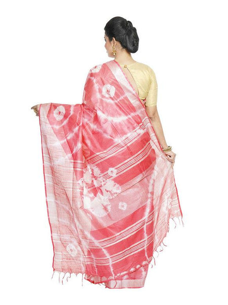 Red women's Bhagalpuri Handloom Linen Blend Tie-Dye (Sibory Dye) Saree With Running Unstiched Blouse Piece