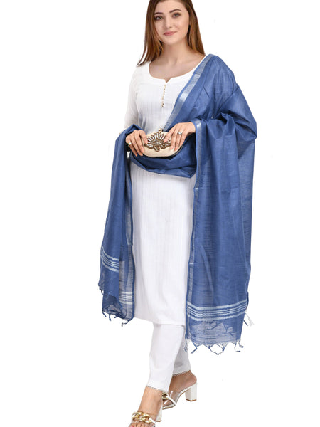 Handloom Linen Bhagalpuri Dupatta for women's (Blue) - View 5