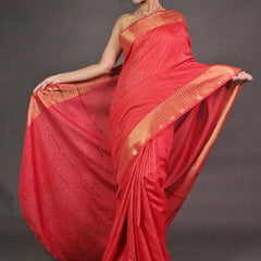 Striped Red Bhagalpuri Silk Saree with Gold Zari Border  & Sequin Pallu - View 3