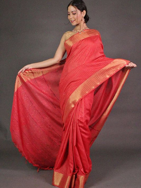 Striped Red Bhagalpuri Silk Saree with Gold Zari Border  & Sequin Pallu - View 3