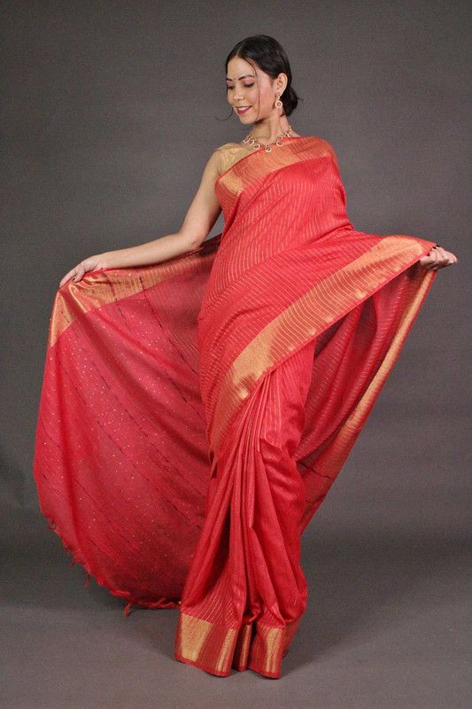 Striped Red Bhagalpuri Silk Saree with Gold Zari Border  & Sequin Pallu - View 3