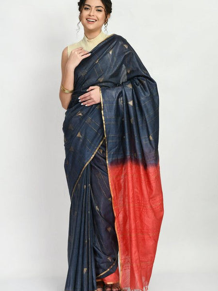 Women's Handloom Two Dye Semi Tussar Silk Striped Temple Motif Bhagalpuri Saree (Black & Terracota_Red)