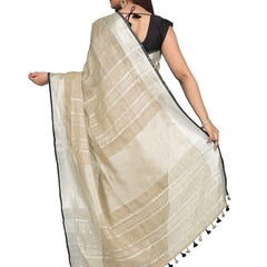 Khaki Green women's Bhagalpuri Blend Linen Saree With Black Pipine Contrast Blouse Piece - View 2