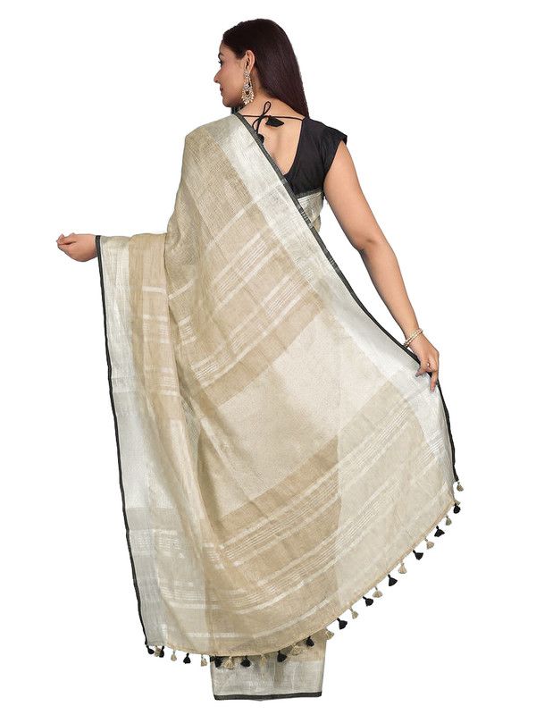 Khaki Green women's Bhagalpuri Blend Linen Saree With Black Pipine Contrast Blouse Piece - View 2