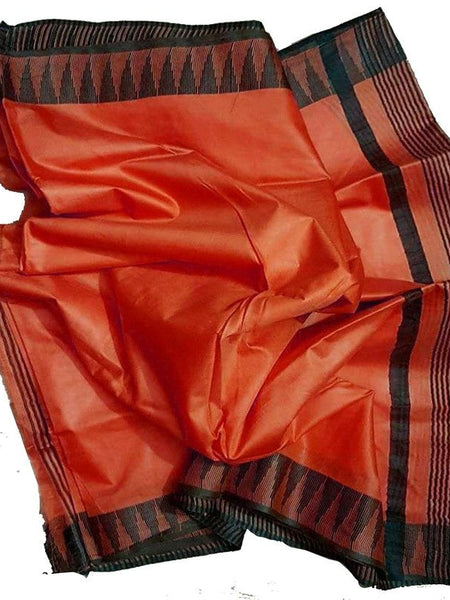 Tangelo Orange women's Bhagalpuri Handloom Kota Silk Temple Border Saree And Variation Of Colors With Striped Blouse Piece - View 3