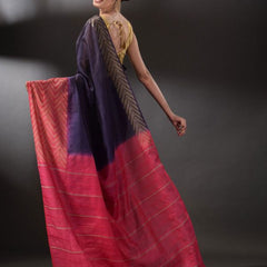 Handloom Semi Tussar Silk Bhagalpuri Egyptian_Blue and Poppy_Pink Saree - View 4
