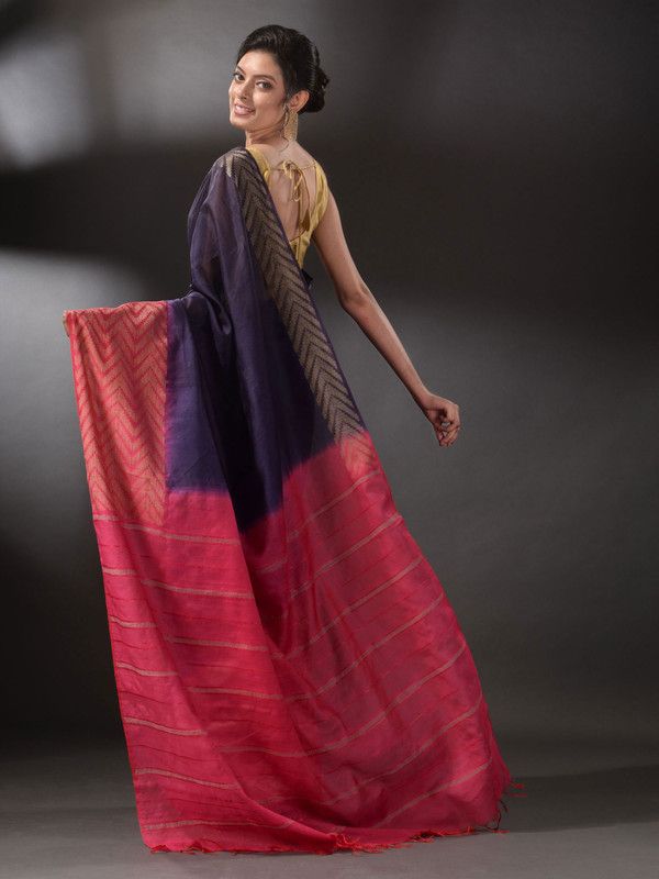 Handloom Semi Tussar Silk Bhagalpuri Egyptian_Blue and Poppy_Pink Saree - View 4