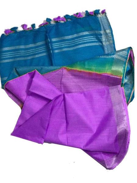 Mooonstone Cyan & Heliotrope Purple women's Bhagalpuri Ethnic Wear Handloom Cotton Linen Blend Zari Border Two Dye Saree With Running Unstitched Blouse Piece