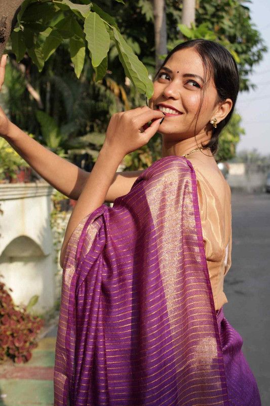 Bhagalpuri Silk Striped Sequins Saree with Zari Border (Electric_Purple) - View 5