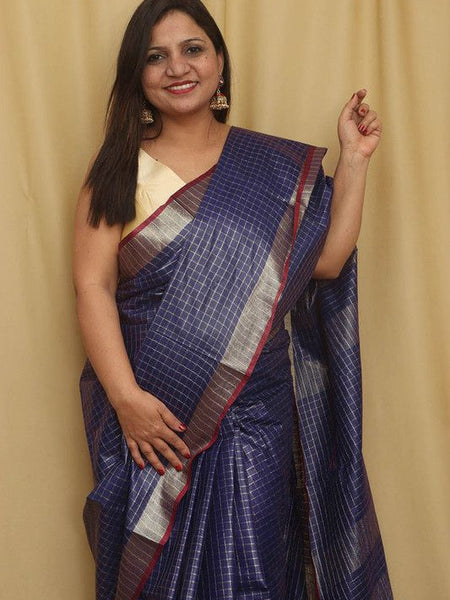 Cotton Linen Handloom Bhagalpuri Check Saree with Contrast Blouse Piece - View 5