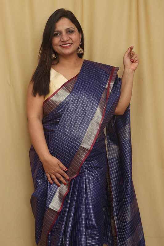 Cotton Linen Handloom Bhagalpuri Check Saree with Contrast Blouse Piece - View 5