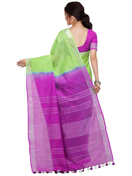 Chartreuse Green & Wild Strawberry women's Bhagalpuri Handloom Linen Cotton Blend Two Dye Saree With Running Unstitched Blouse Piece - View 5