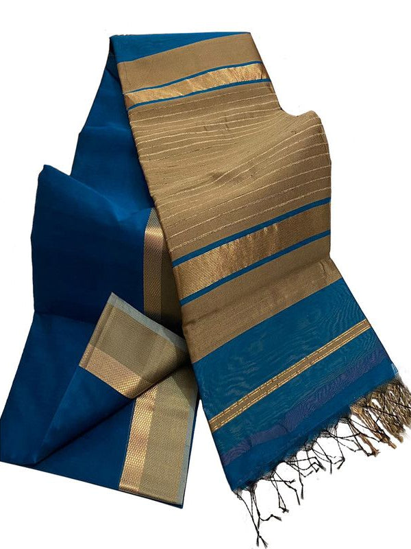 Tussar Cotton Silk Bhagalpuri Saree with Designed Border for women's (Capri Blue)