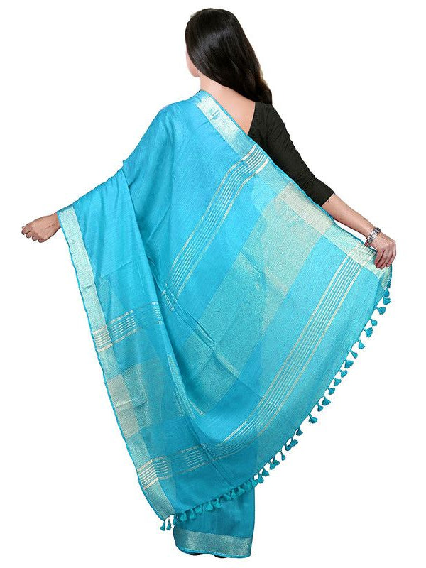 Cyan Bhagalpuri women's Handloom Linen Cotton Ethnic Wear Saree With Running Unstitched Blouse Piece - View 8