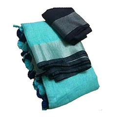 Cyan-Black  Bhagalpuri Blend Linen Saree With Contrast Blouse Piece - View 4