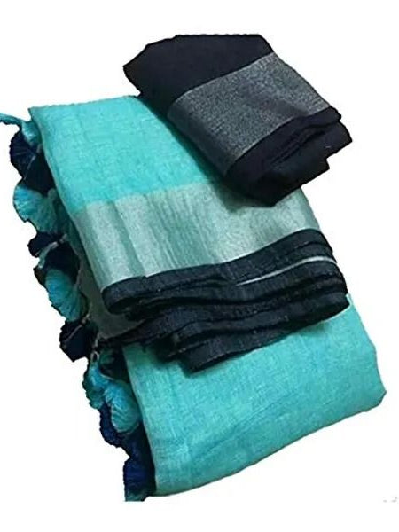 Cyan-Black  Bhagalpuri Blend Linen Saree With Contrast Blouse Piece - View 4